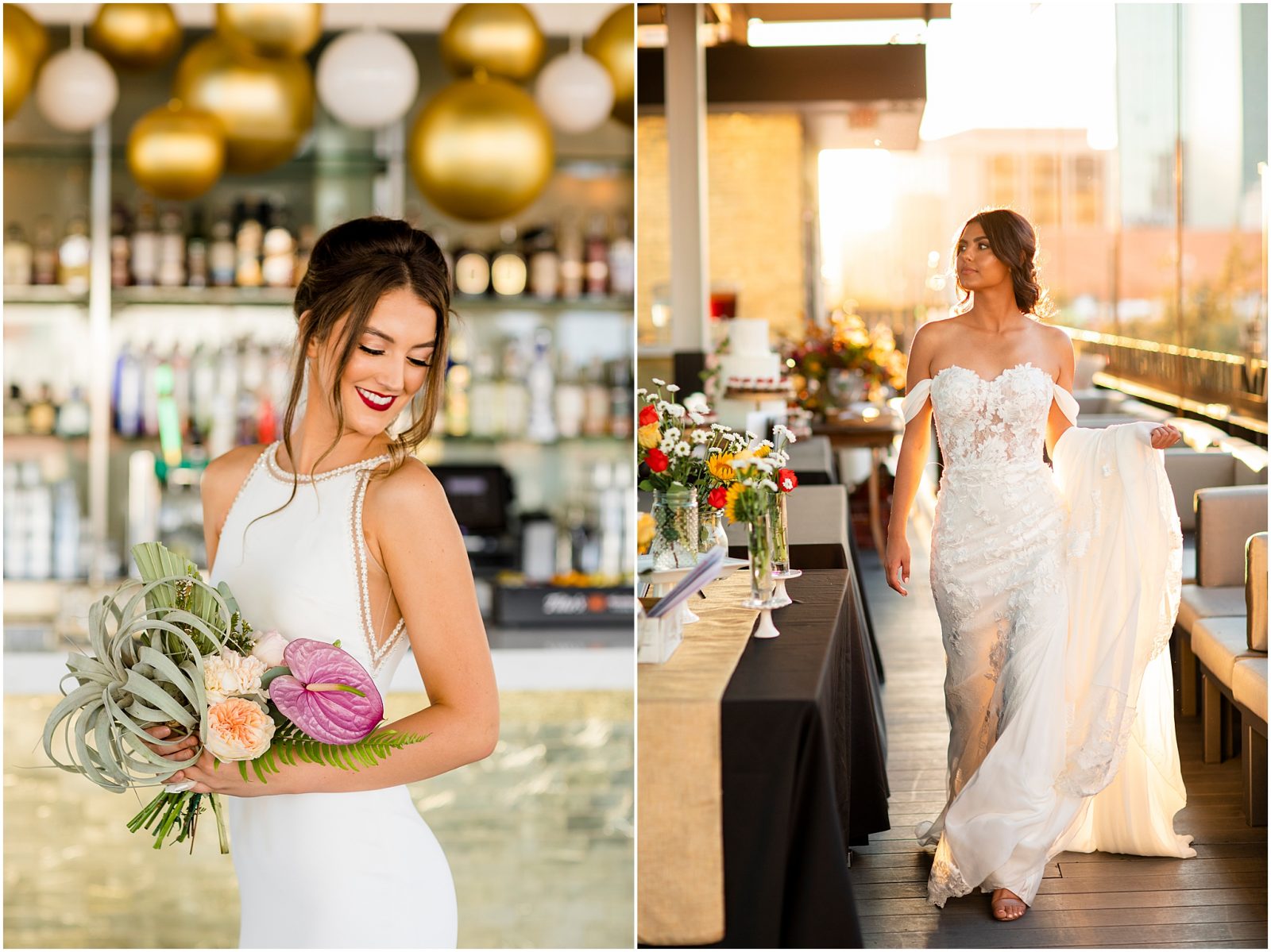 Models in Pronovias dress with a bouquet by Bloom Maven on the Playground rooftop wedding downtown Tucson