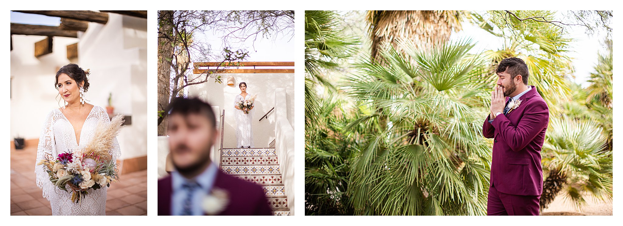 First Look at Posada Joshua Tree House in Tucson Arizona with groom in a maroon suit