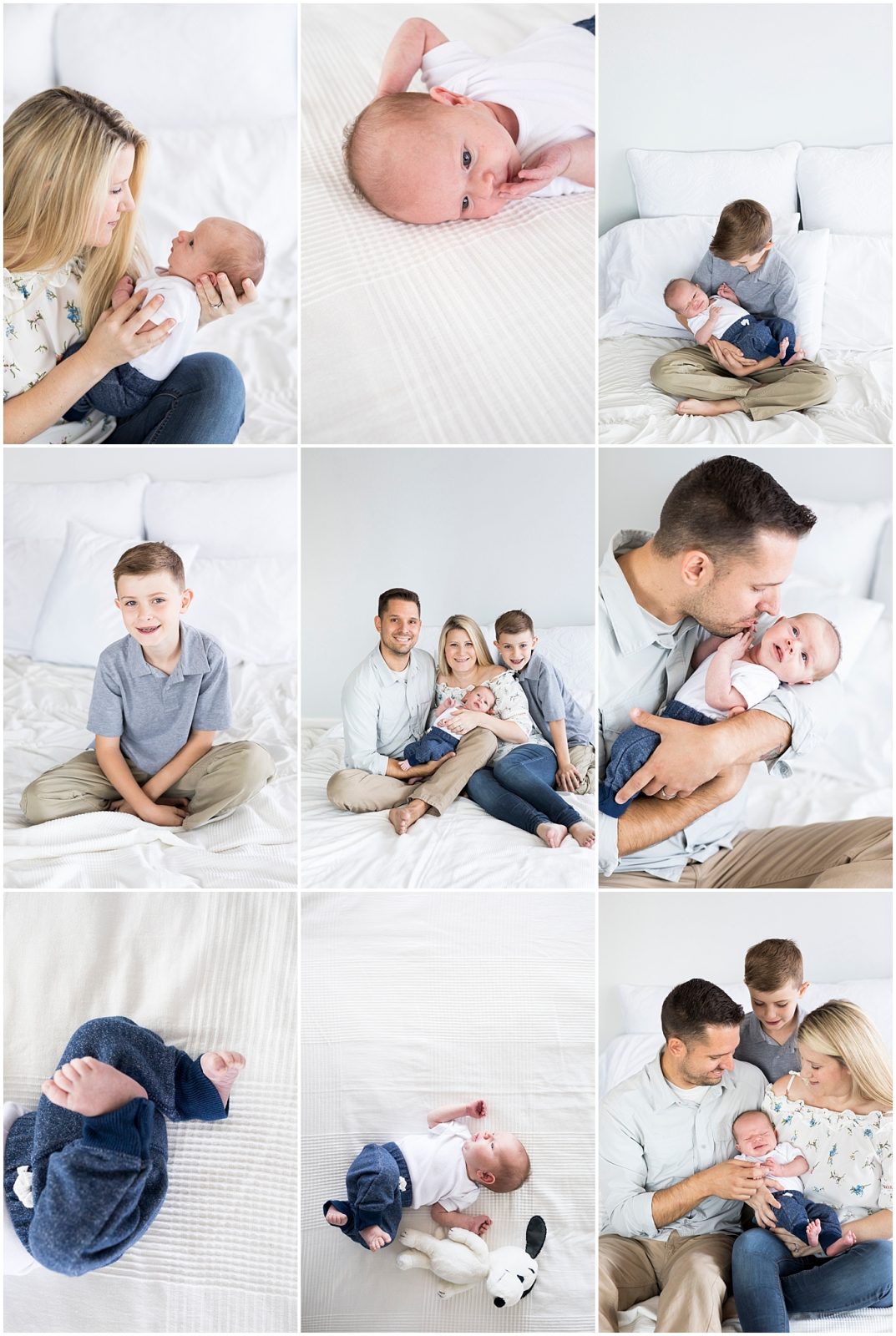 Simple family newborn session in studio on white bedding